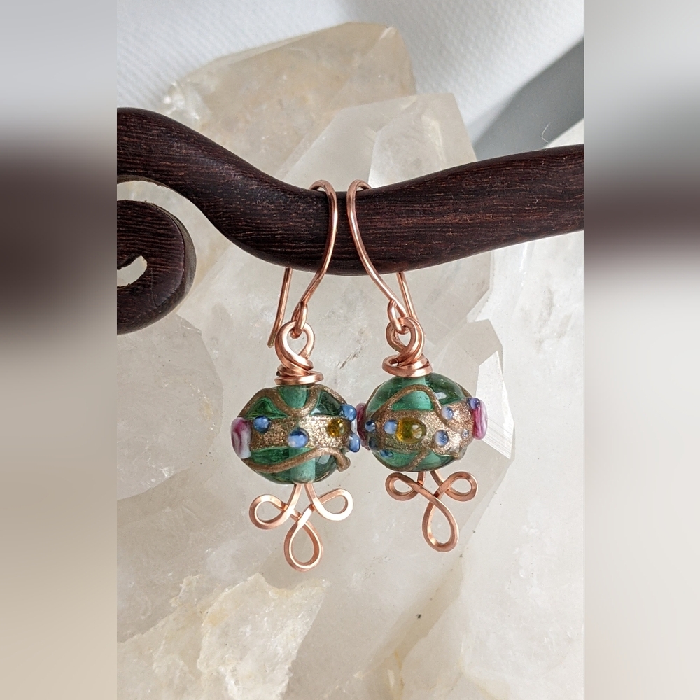 Venetian Emerald Glass Bead Earrings Copper Wire Wrap Colorful Handmade - Picture 11 of 14